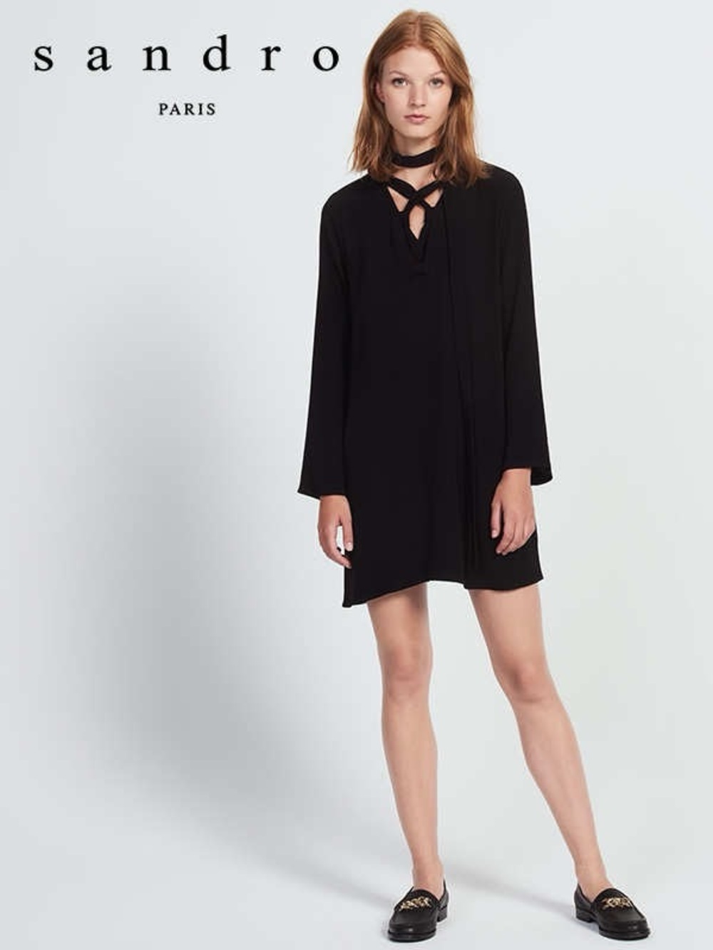 Sandro Black Long-Sleeve Tie-Neck Silk Top